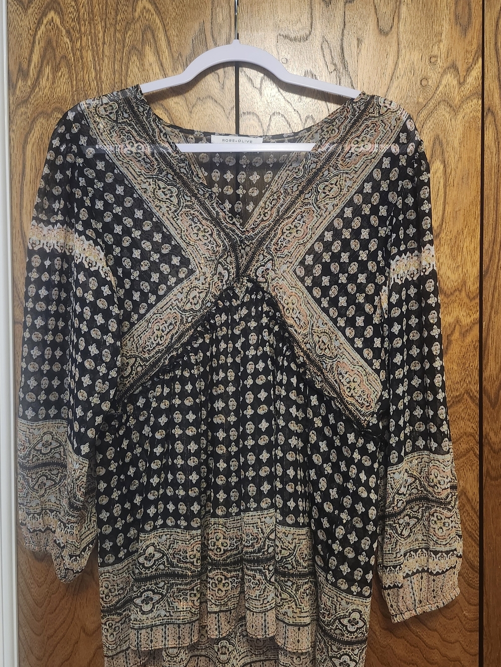 Rose & Olive Black Paisley-Print V-Neck Tunic with Tan Accents